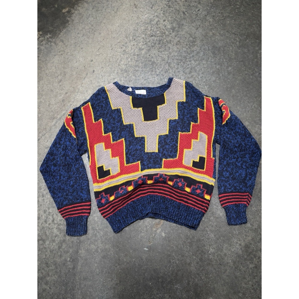Vintage Veta 80s 90s Knit Pullover Sweater Aztec Block Print Size Medium